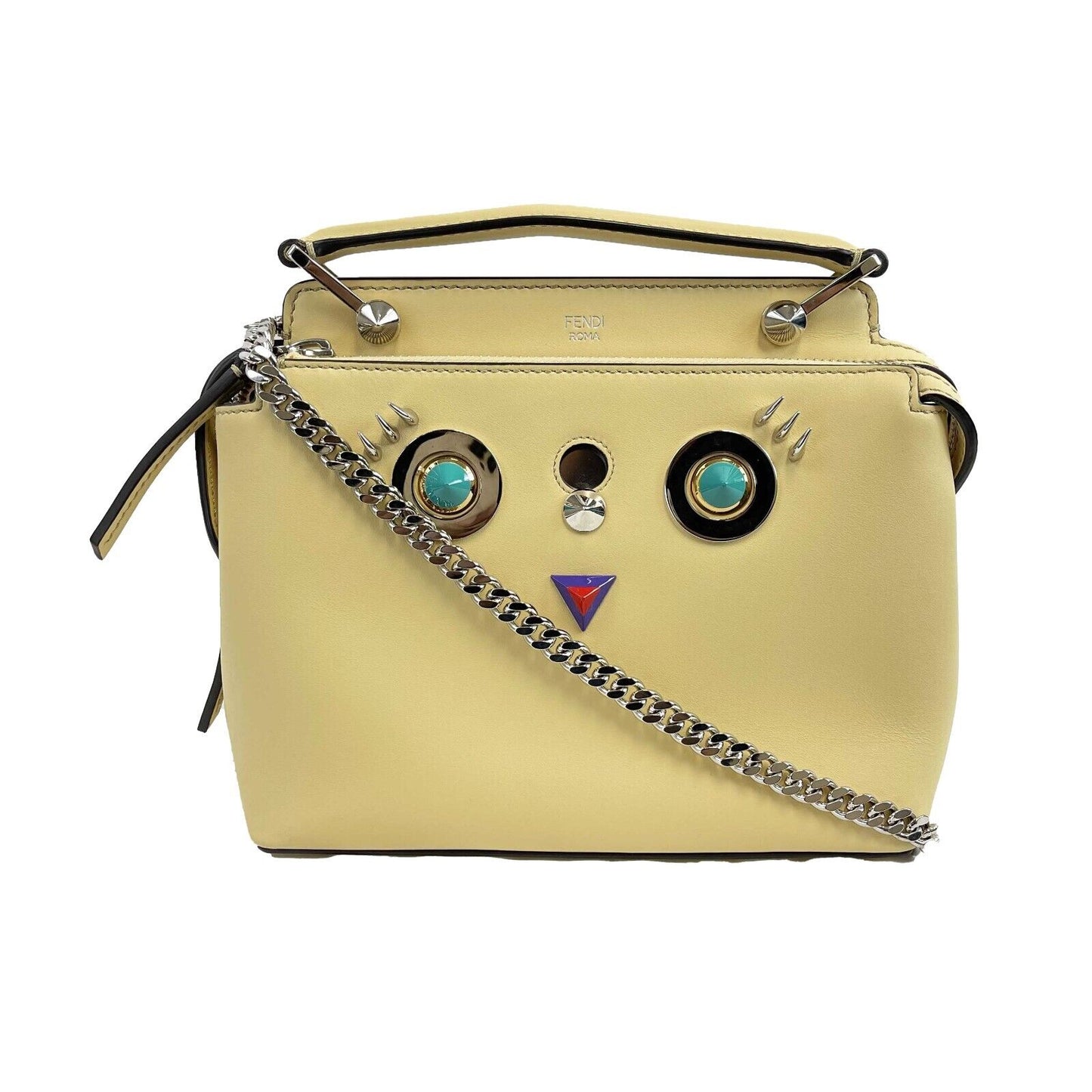 FENDI -DotCom Faces Convertible Small Yellow Satchel - Top Handle w/ Chain Strap