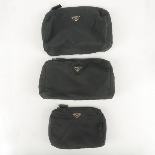 Prada Set of 3 Logo Nylon Cosmetic Pouch Clutch Bag NERO Black