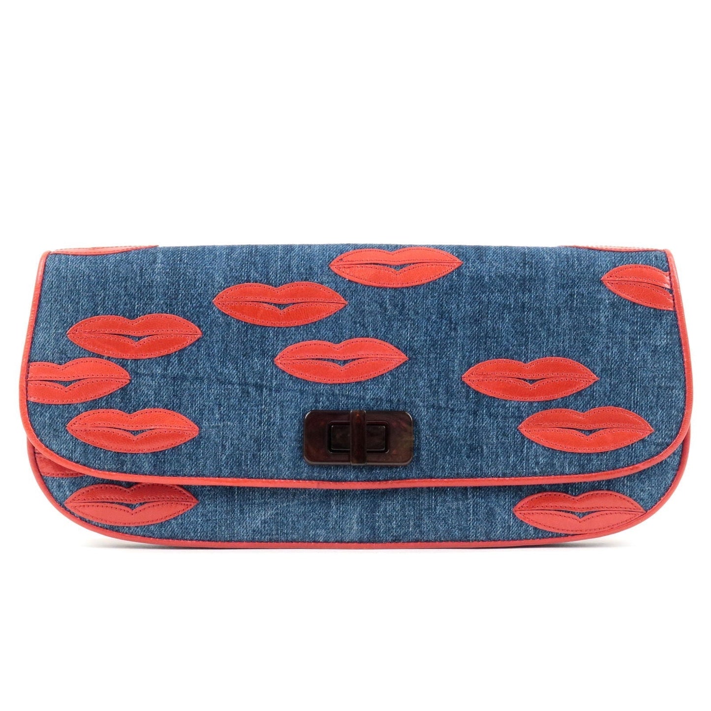 Prada Denim Leather Lip Motif Clutch Bag Pouch Blue BP489B