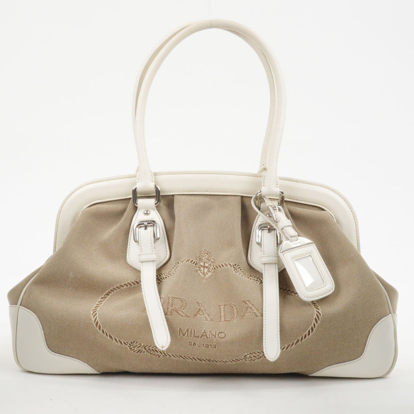 Prada Logo Jacquard Leather Shoulder Bag Hand Bag Beige Ivory