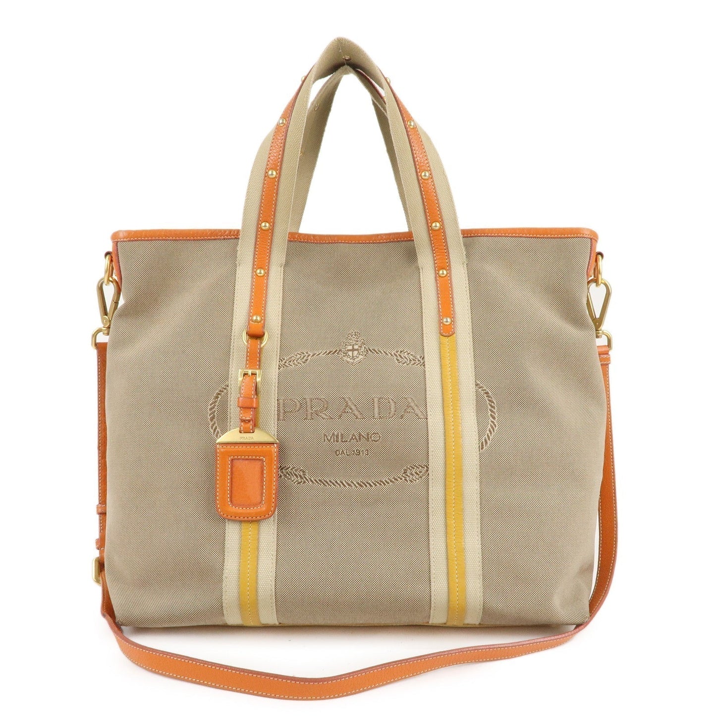 Prada Logo Jacquard Leather 2Way Hand Bag Beige Orange BN1453