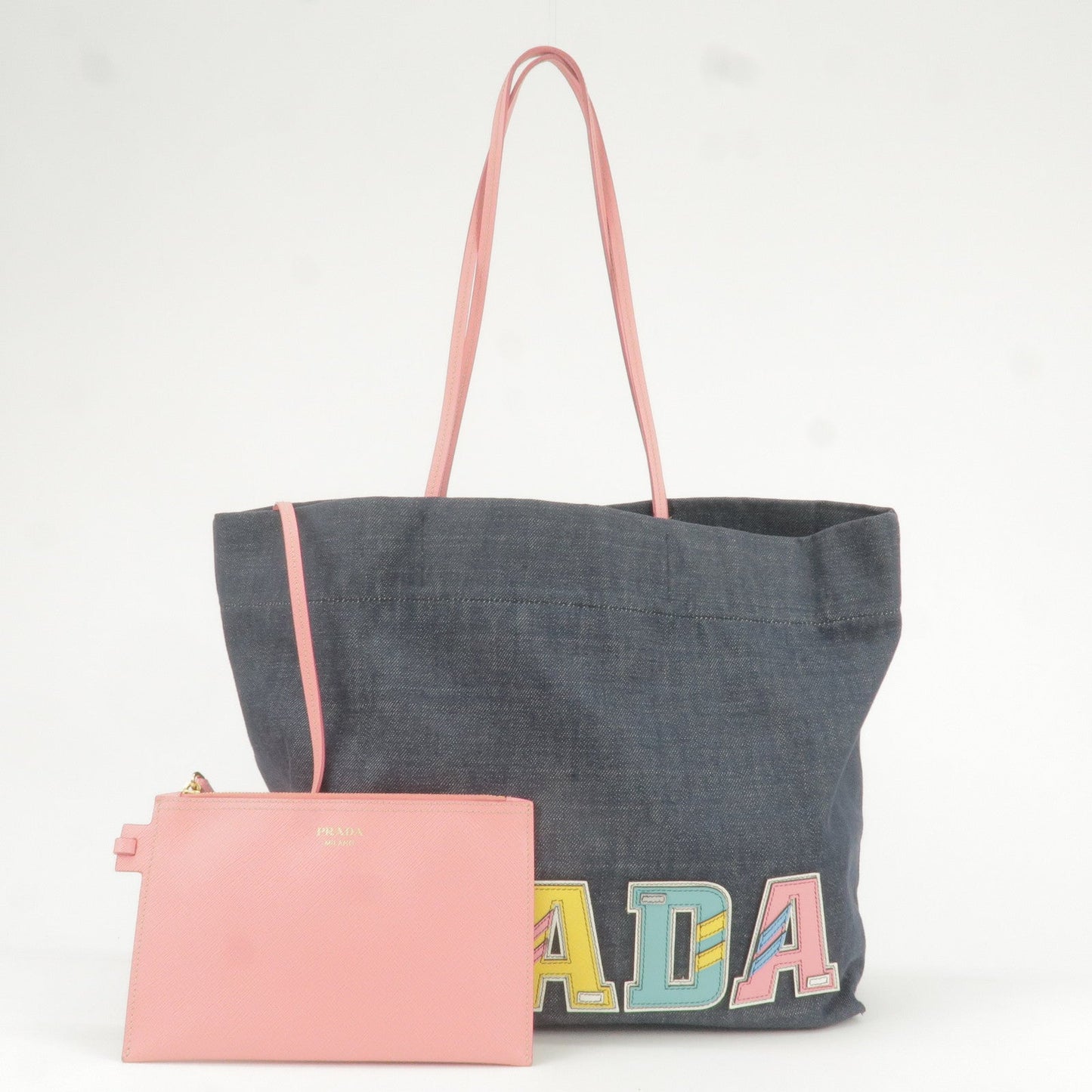 Prada Logo Denim Leather Tote Bag Hand Bag With Pouch 1BG106