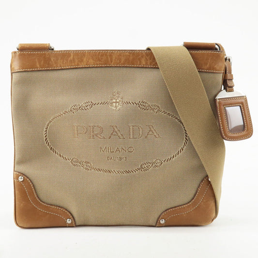 Prada Logo Jacquard Leather Shoulder Bag Beige Brown BT0537