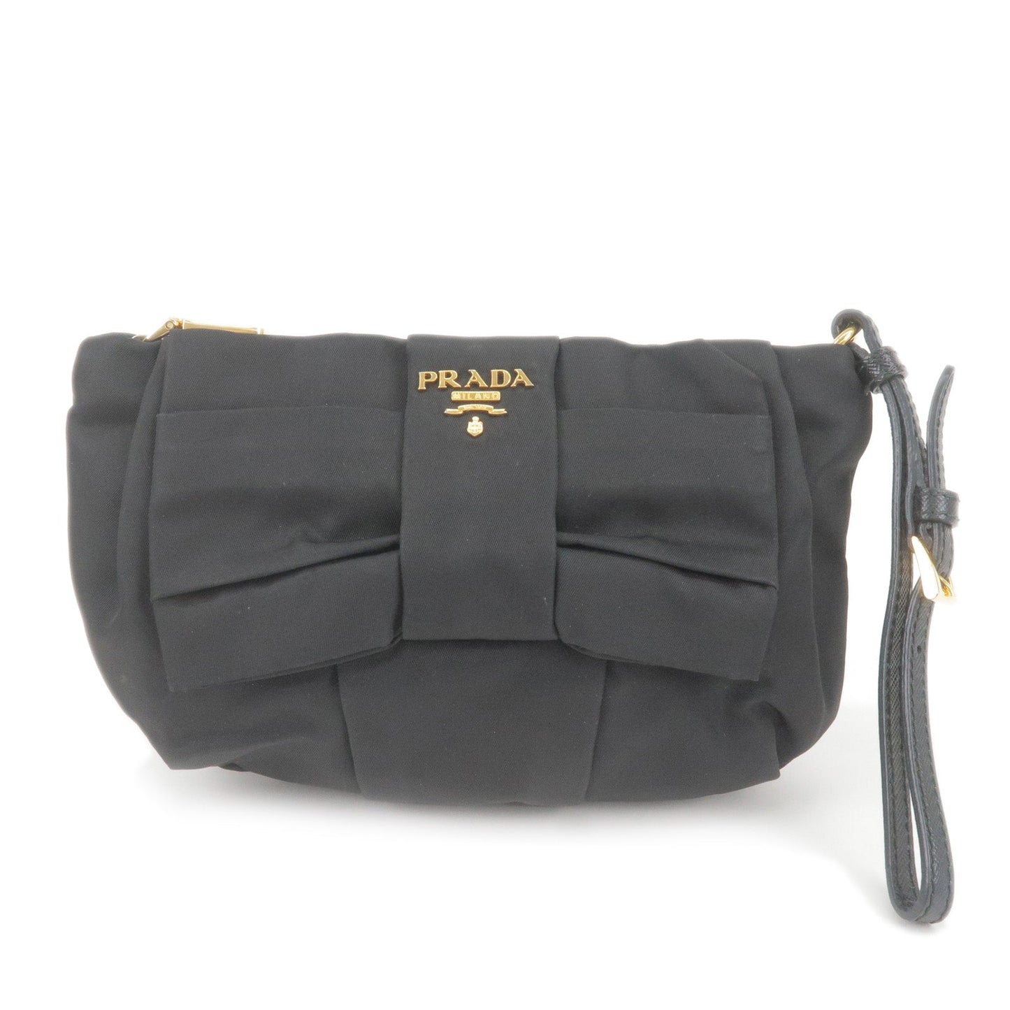 Prada Logo Nylon Leather Pouch Clutch Bag Wristlet Black 1N1422