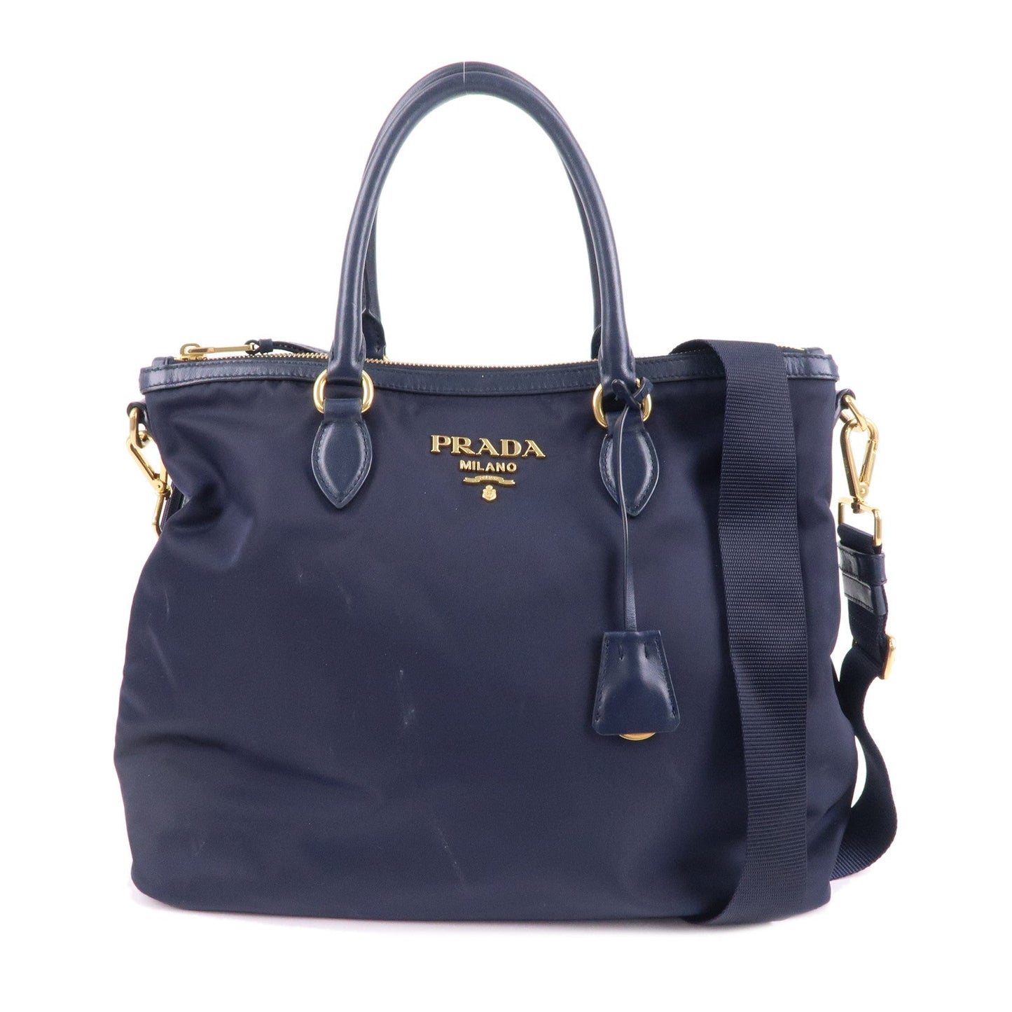 Prada Nylon Leaether Tote Bag Shoulder Bag Navy 1BC060