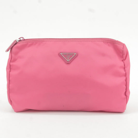 Prada Nylon Leather Cosmetic Pouch Clutch Bag Pink 1N0012