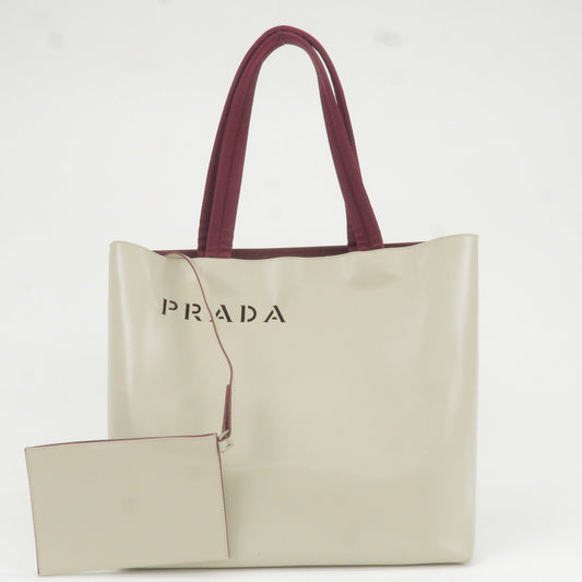 Prada Leather Canvas Tote Bag Hand Bag Greige Red Wine B10189