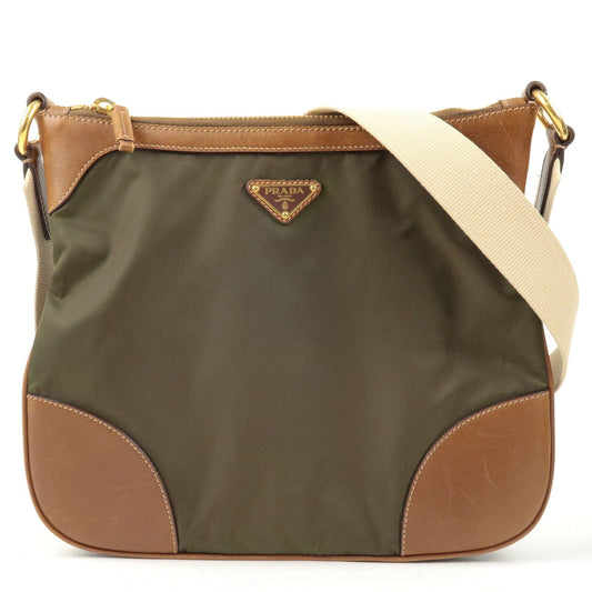 Prada Nylon Leather Shoulder Bag Khaki Brown