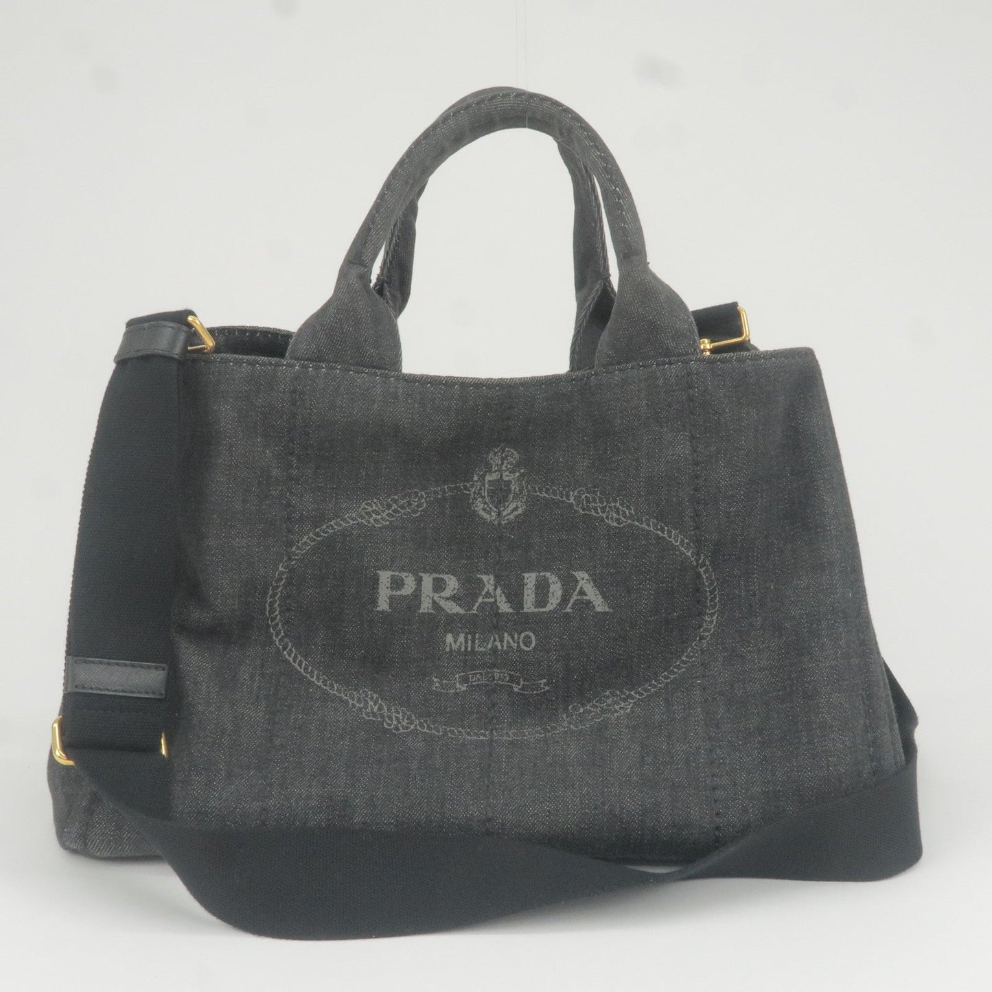 Prada Logo Canapa Denim Tote Bag Hand Bag NERO Black B2642B