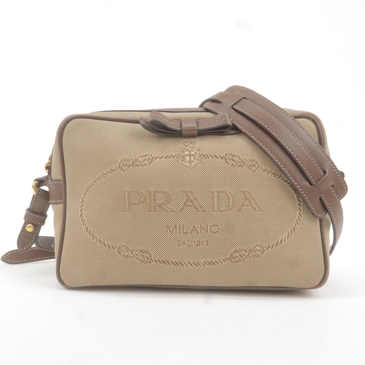 Prada Logo Jacquard Leather Shoulder Bag Beige Brown 1BH089