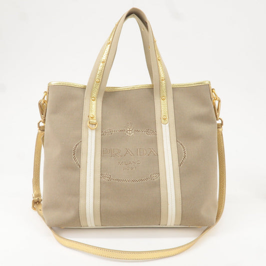 Prada Logo Jacquard Leather 2Way Hand Bag Beige Gold BN1453