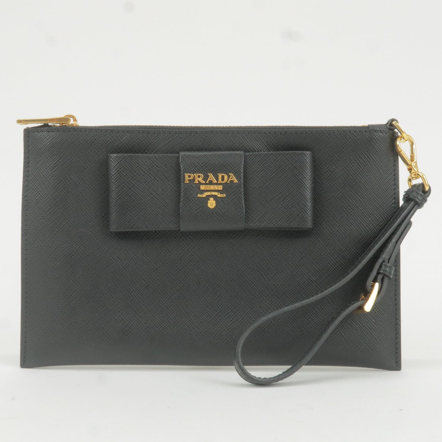 Prada Logo Leather Ribbon Pouch Cosmetics Bag NERO Black