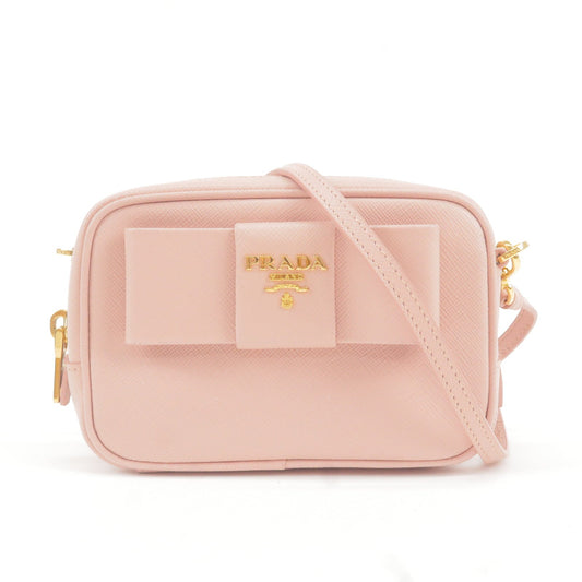 Prada Logo Ribbon Leather Shoulder Bag Mini Purse Pink 1NF674