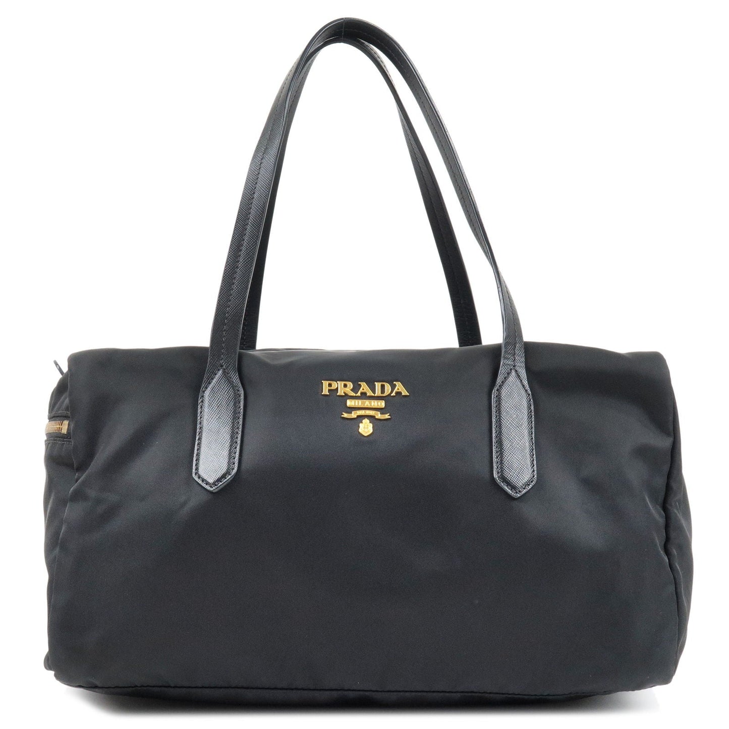 Prada Logo Nylon Leather Boston Bag Hand Bag Black BL0567