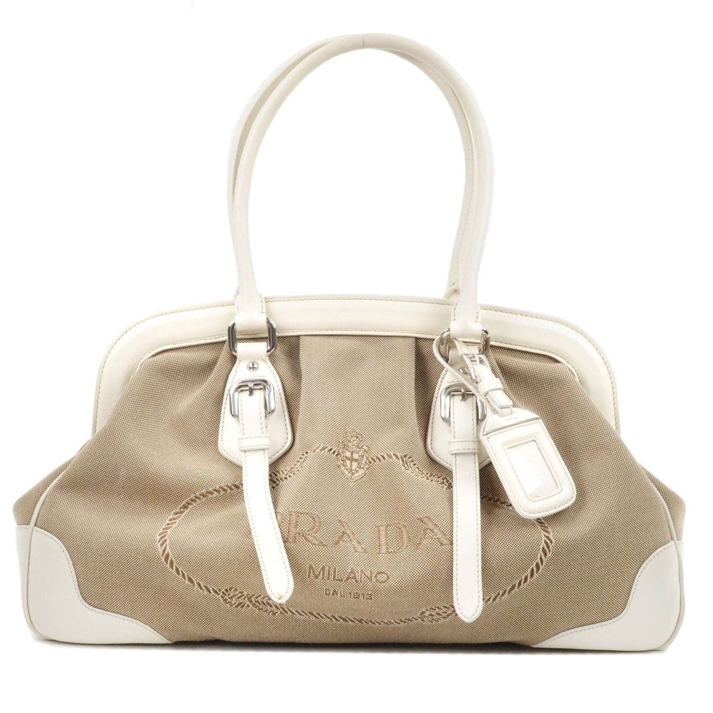 Prada Logo Jacquard Leather Shoulder Bag Hand Bag Beige Ivory