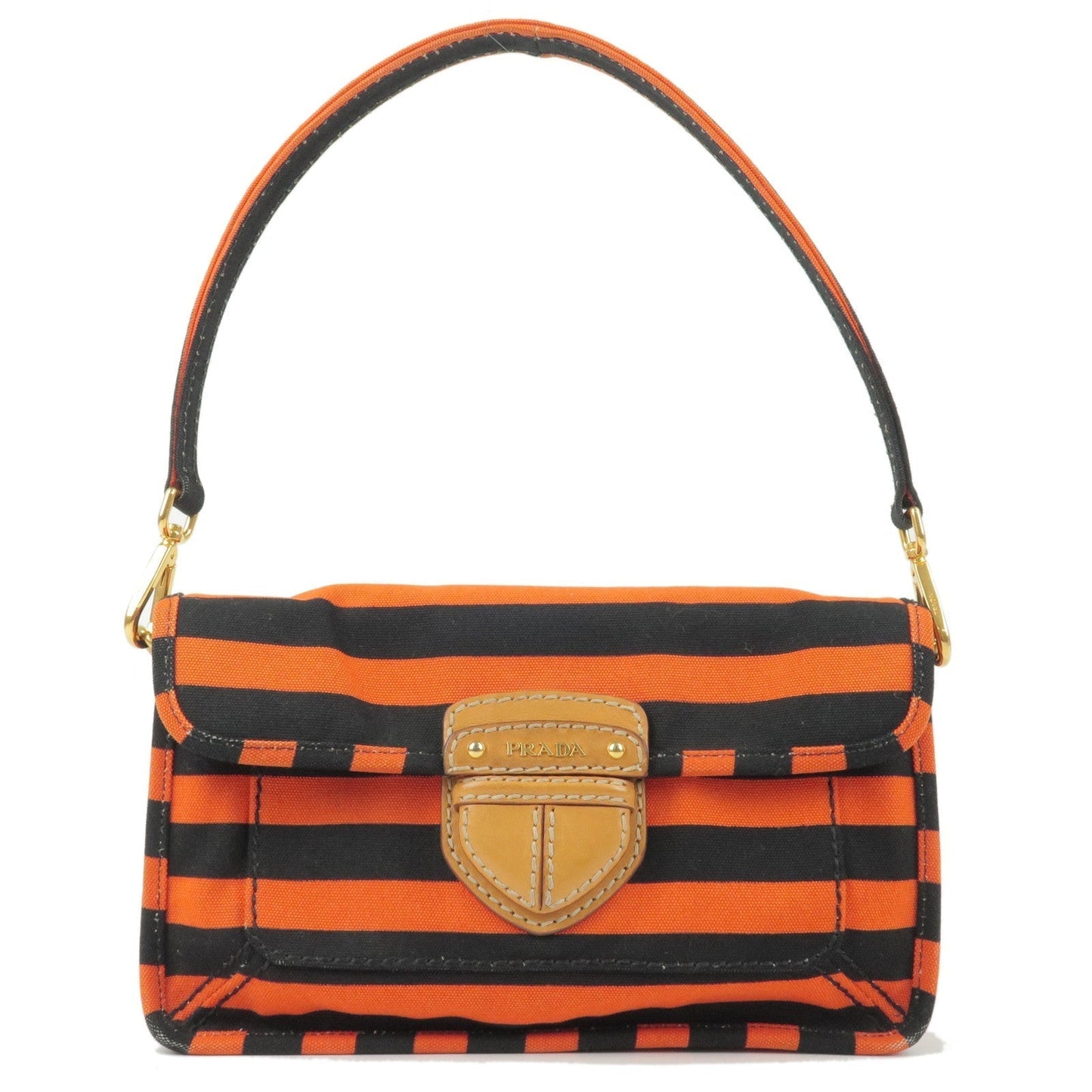 Prada Logo Canvas Leather Shoulder Bag Hand Bag Orange Black