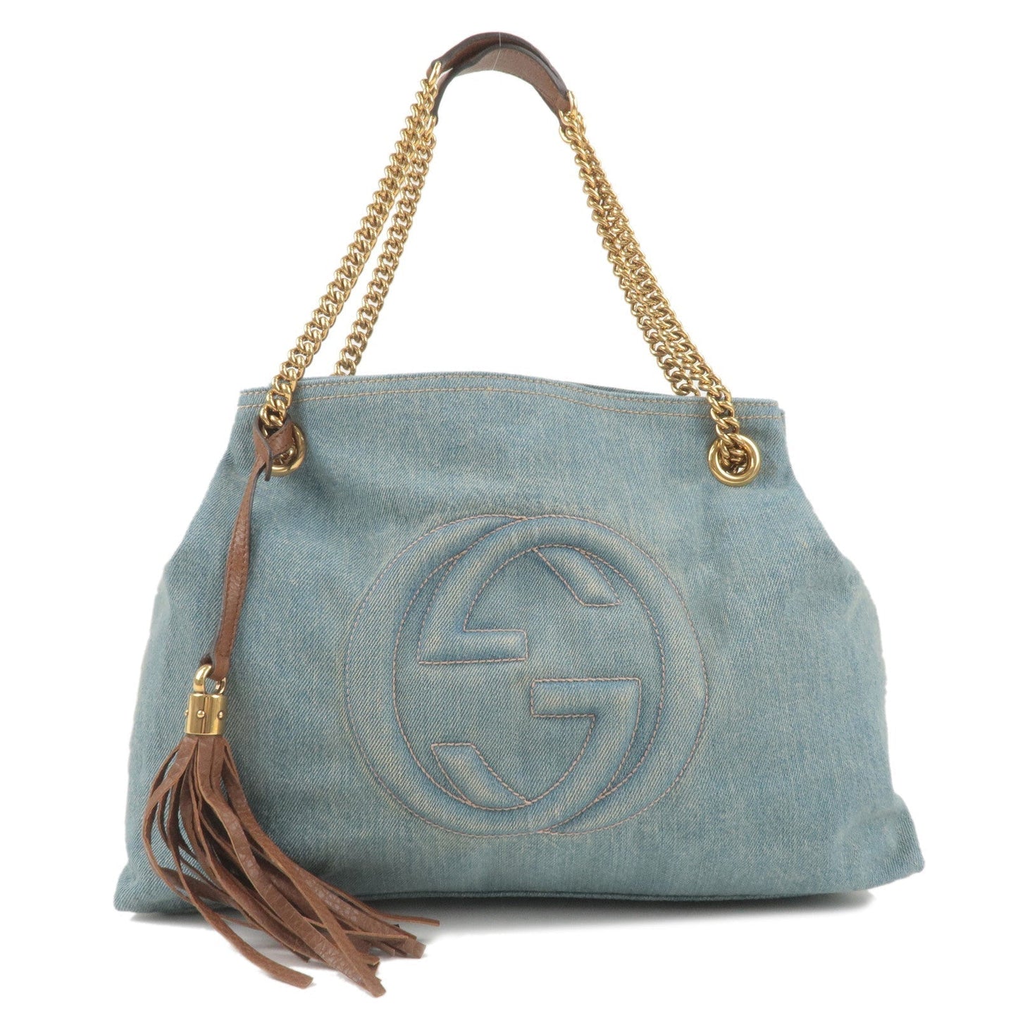 GUCCI SOHO Denim Leather Chain Shoulder Tote Bag Blue 308982