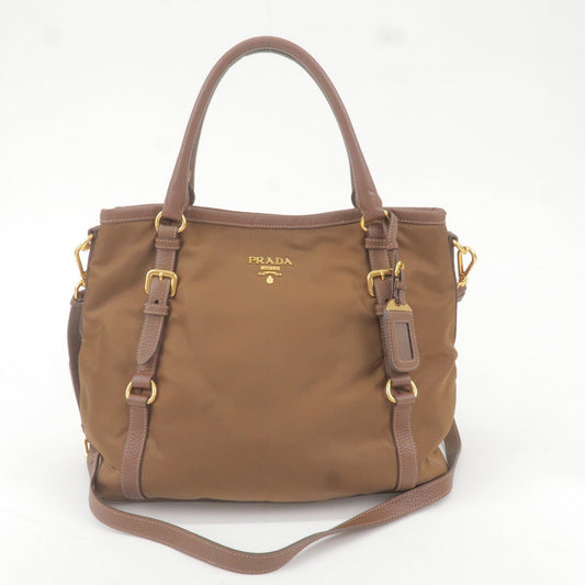 Prada Logo Nylon Leather 2Way Bag Hand Bag Brown BR4993