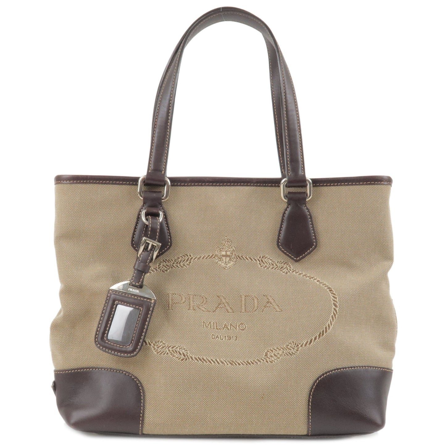 Prada Logo Jacquard Leather 2Way Bag Beige Brown BR3414