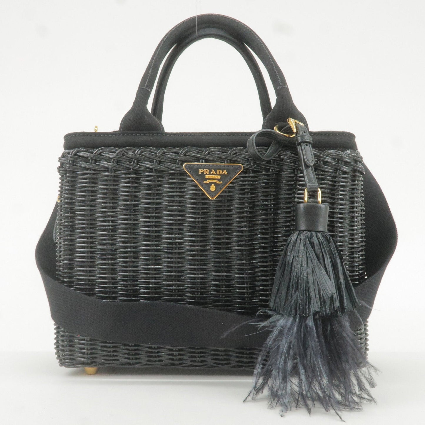 Prada Wicker Canvas 2Way Basket Bag Hand Bag Black 1BG835