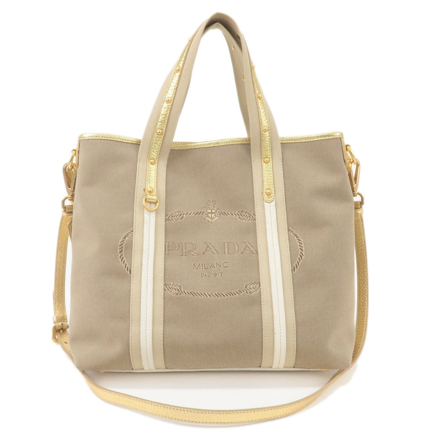 Prada Logo Jacquard Leather 2Way Hand Bag Beige Gold BN1453