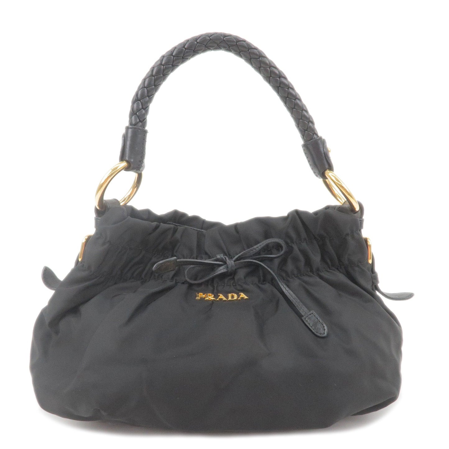 Prada Logo Nylon Leather Shoulder Bag Hand Bag Black BR4237