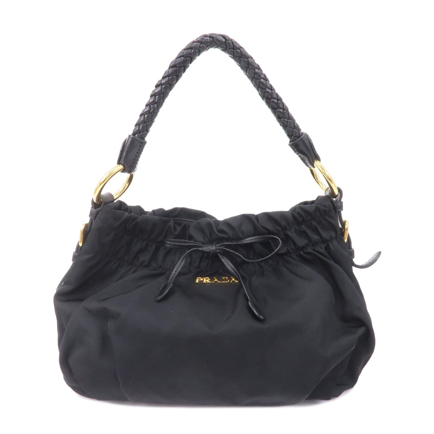 Prada Nylon Leather Gather Hand Bag Shoulder Bag Black