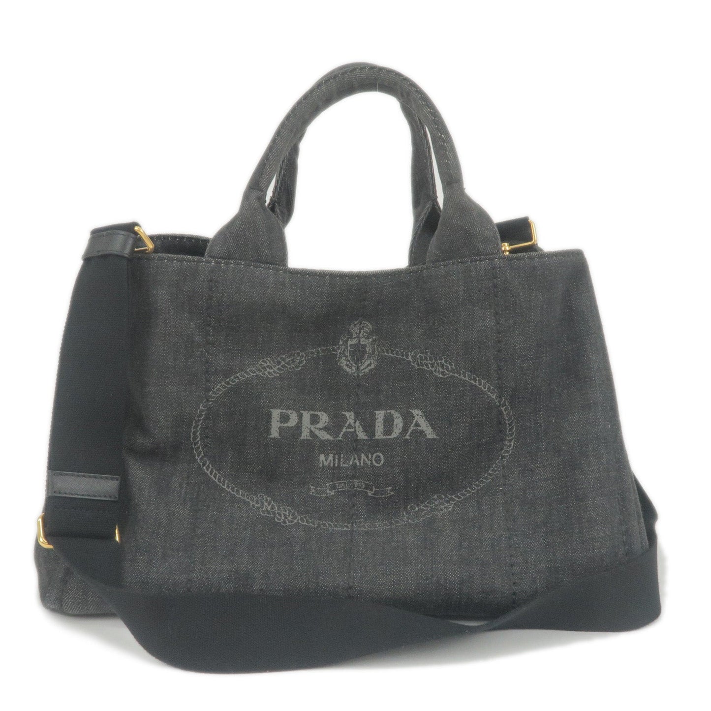 Prada Logo Canapa Denim Tote Bag Hand Bag NERO Black B2642B