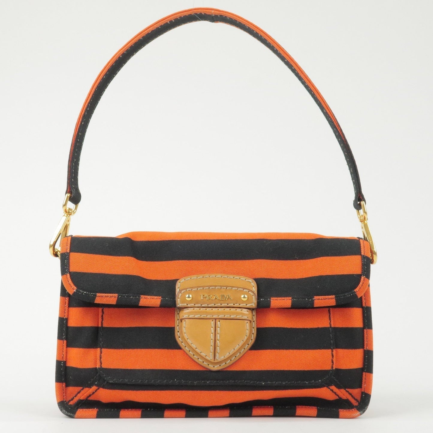 Prada Logo Canvas Leather Shoulder Bag Hand Bag Orange Black