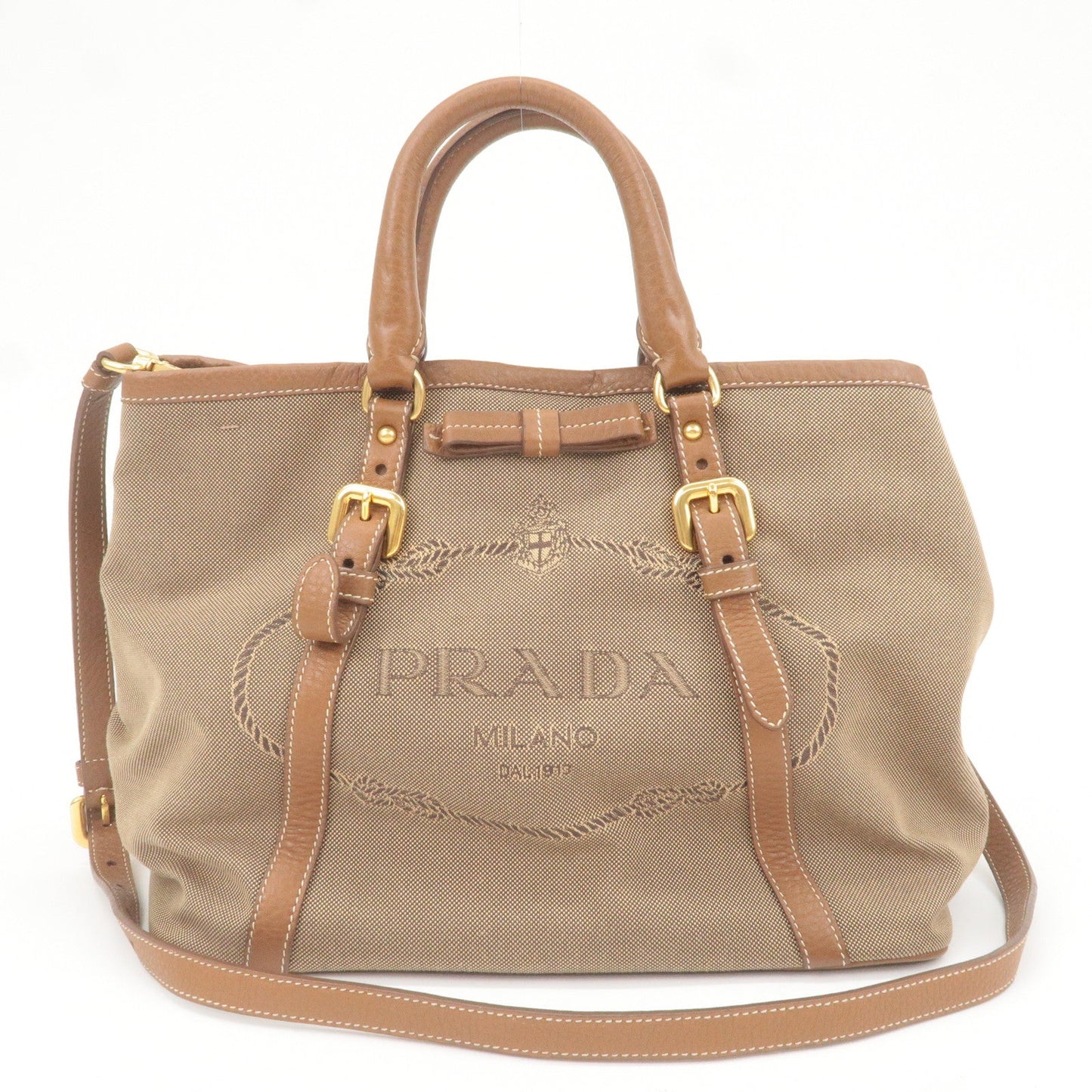 Prada Logo Jacquard Leather 2Way Bag Brown Beige BN1841