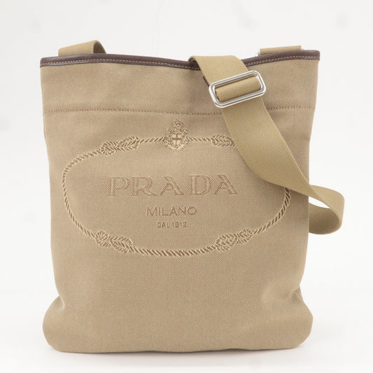 Prada Logo Jacquard Leather Shoulder Bag Beige Brown VA0655