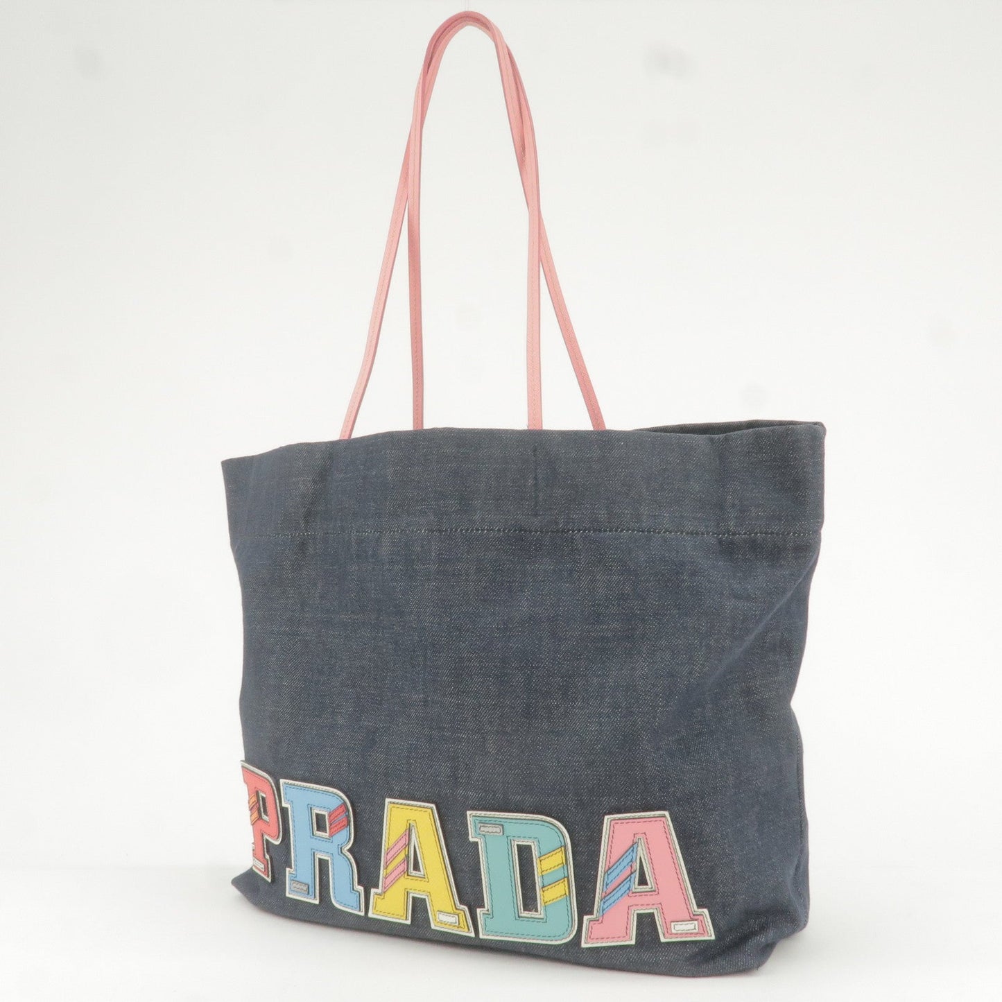 Prada Logo Denim Leather Tote Bag Hand Bag With Pouch 1BG106