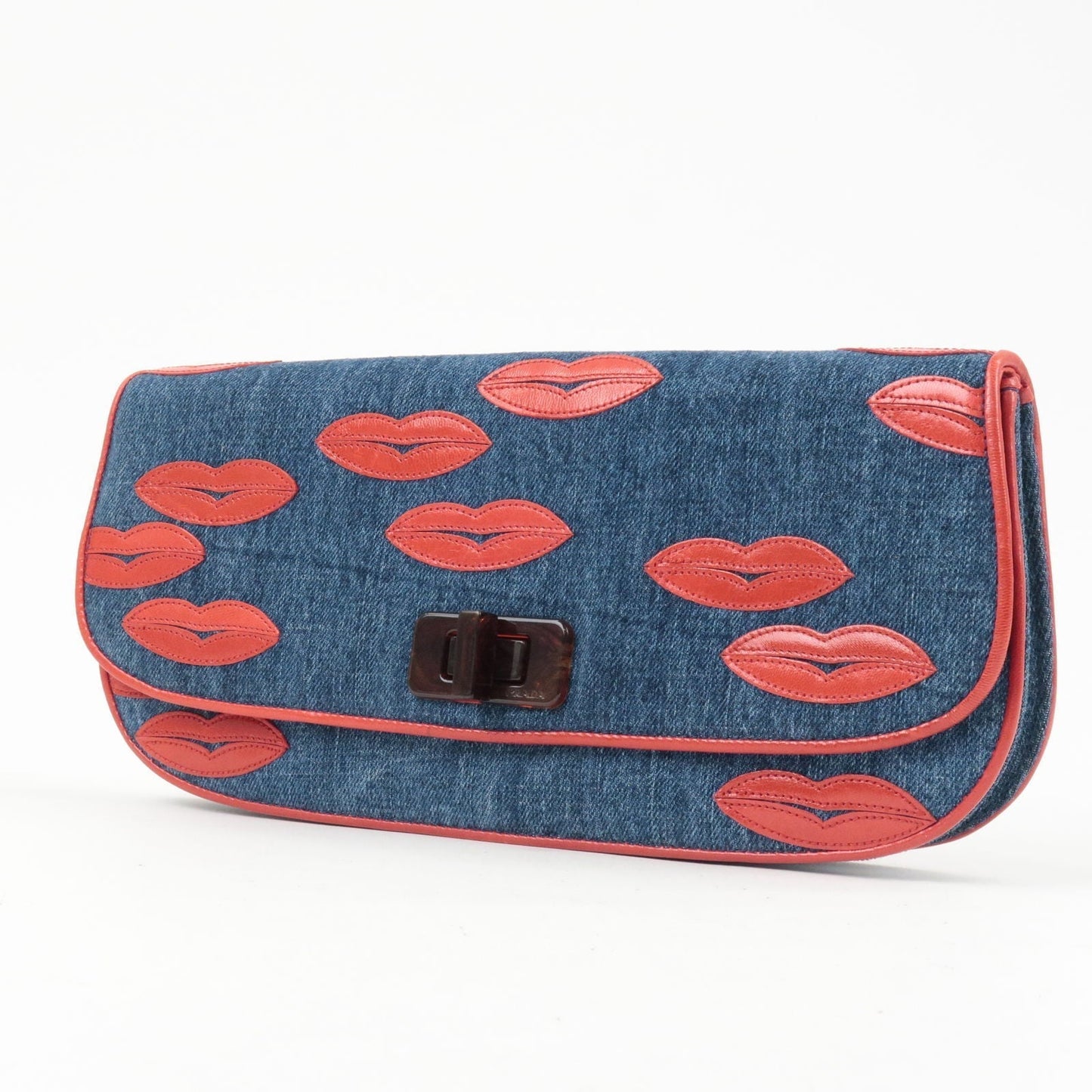 Prada Denim Leather Lip Motif Clutch Bag Pouch Blue BP489B