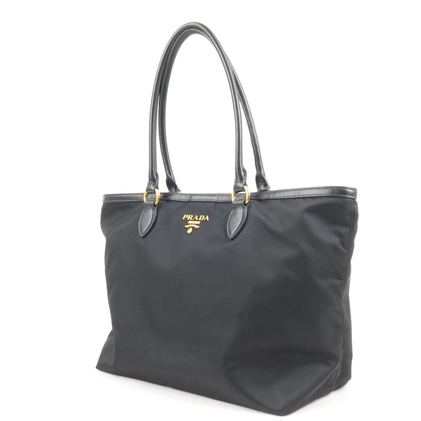 Prada Logo Nylon Leather Tote Bag Black Noir