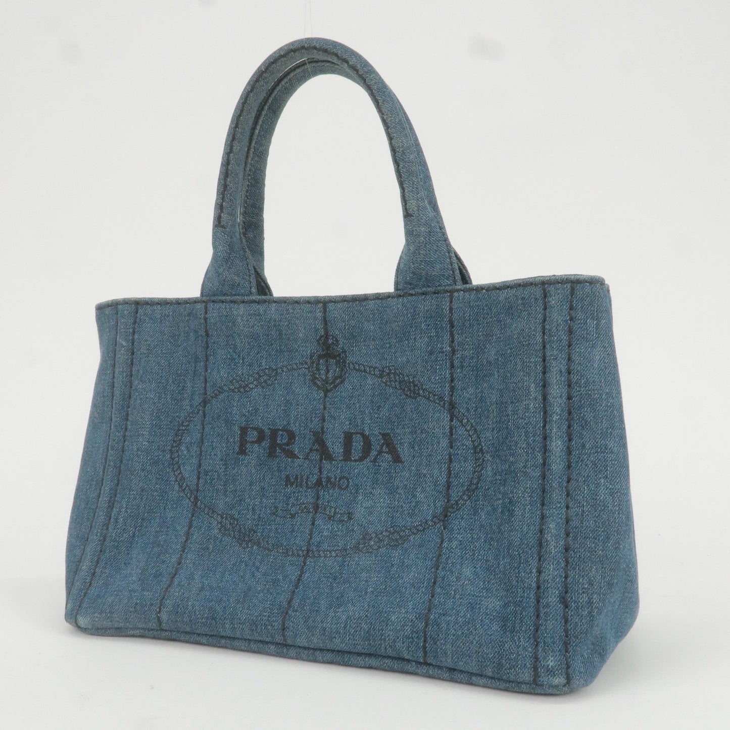 Prada Logo Denim Canapa Mini Hand Bag Tote Bag Blue 1BG439