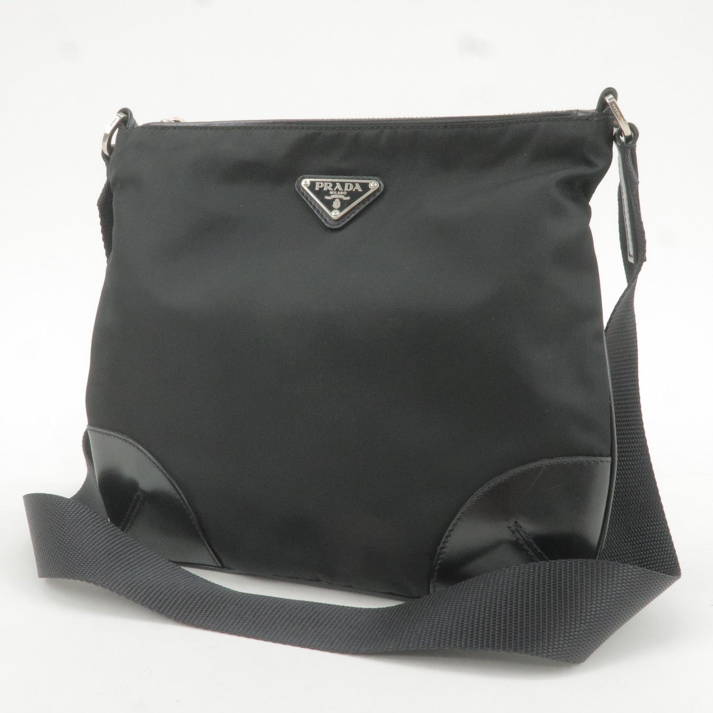 Prada Logo Nylon Leather Shoulder Bag NERO Black