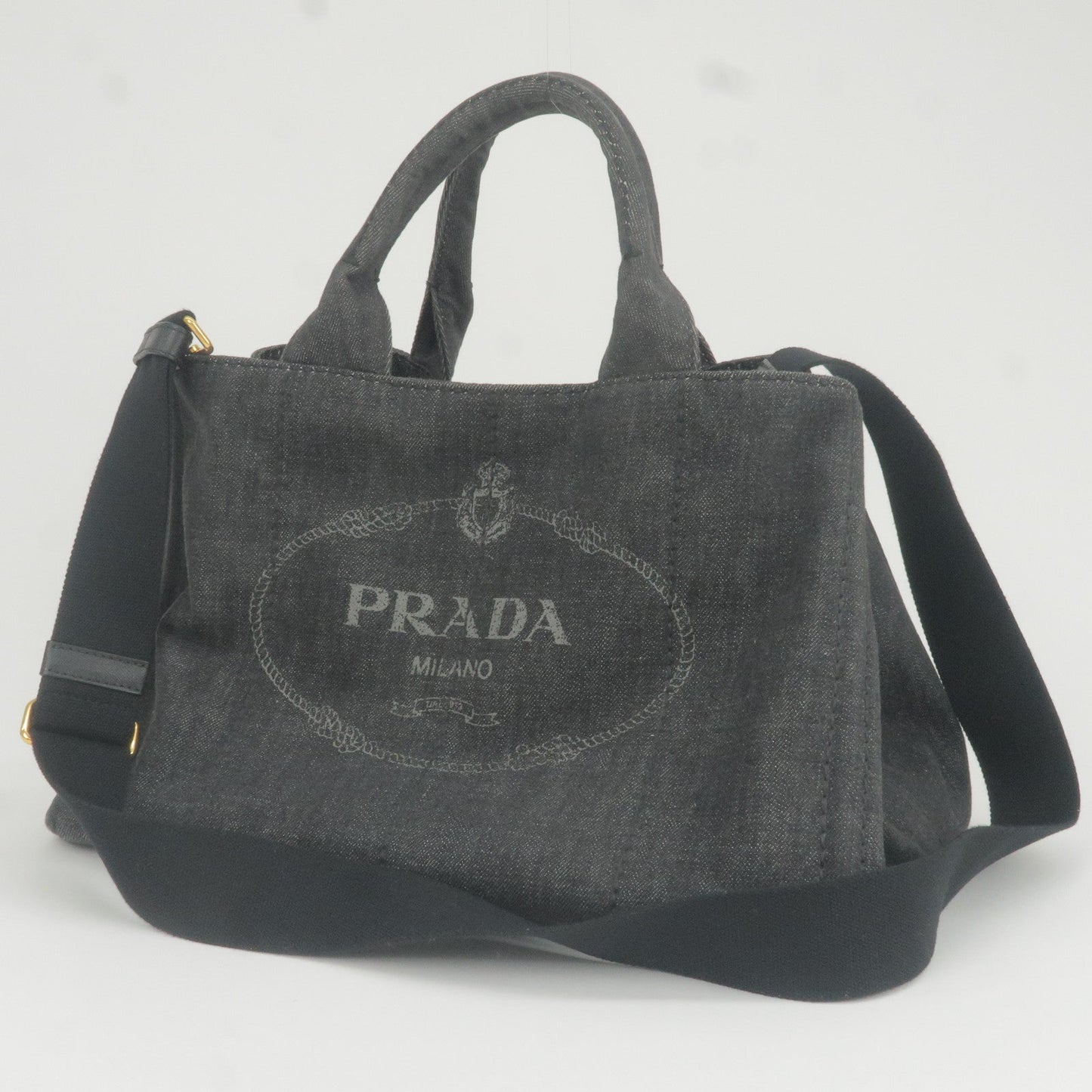 Prada Logo Canapa Denim Tote Bag Hand Bag NERO Black B2642B