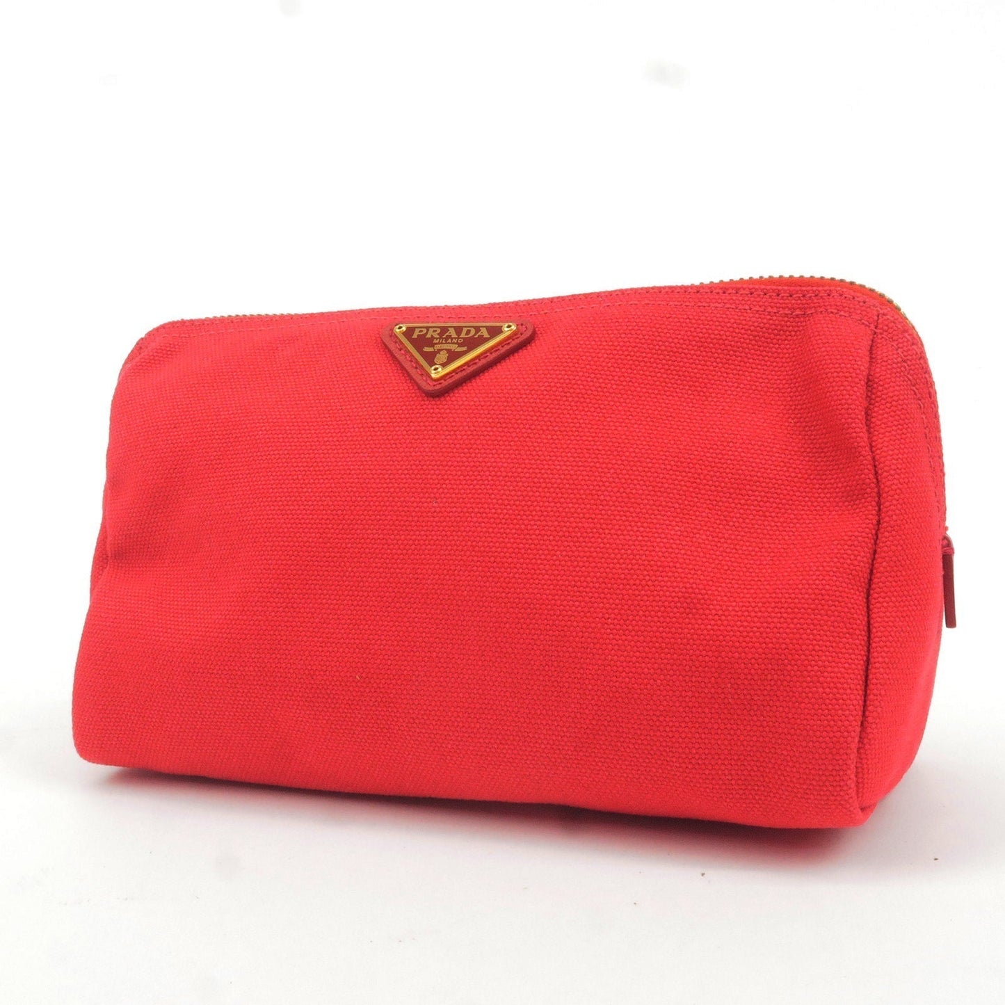 Prada Logo Canvas Pouch Clutch Bag Red Gold Hardware 1N0693