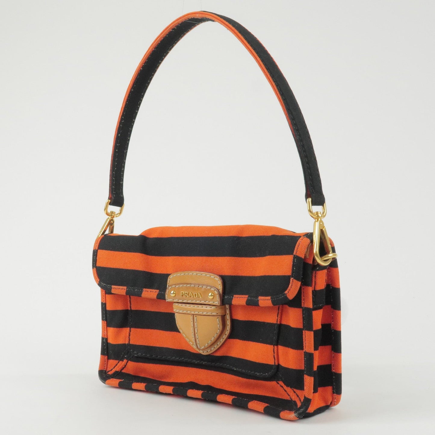 Prada Logo Canvas Leather Shoulder Bag Hand Bag Orange Black