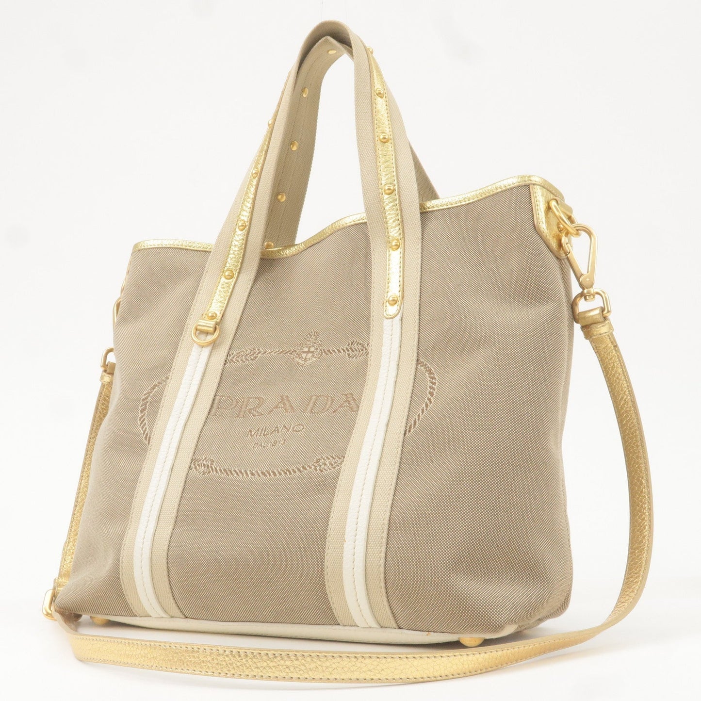 Prada Logo Jacquard Leather 2Way Hand Bag Beige Gold BN1453