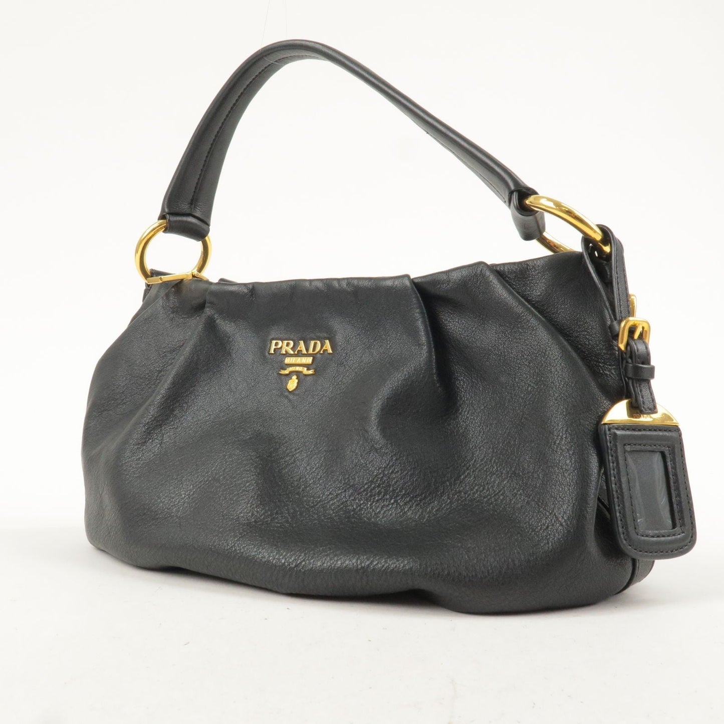 Prada Logo Leather Shoulder Bag Black Gold Hardware