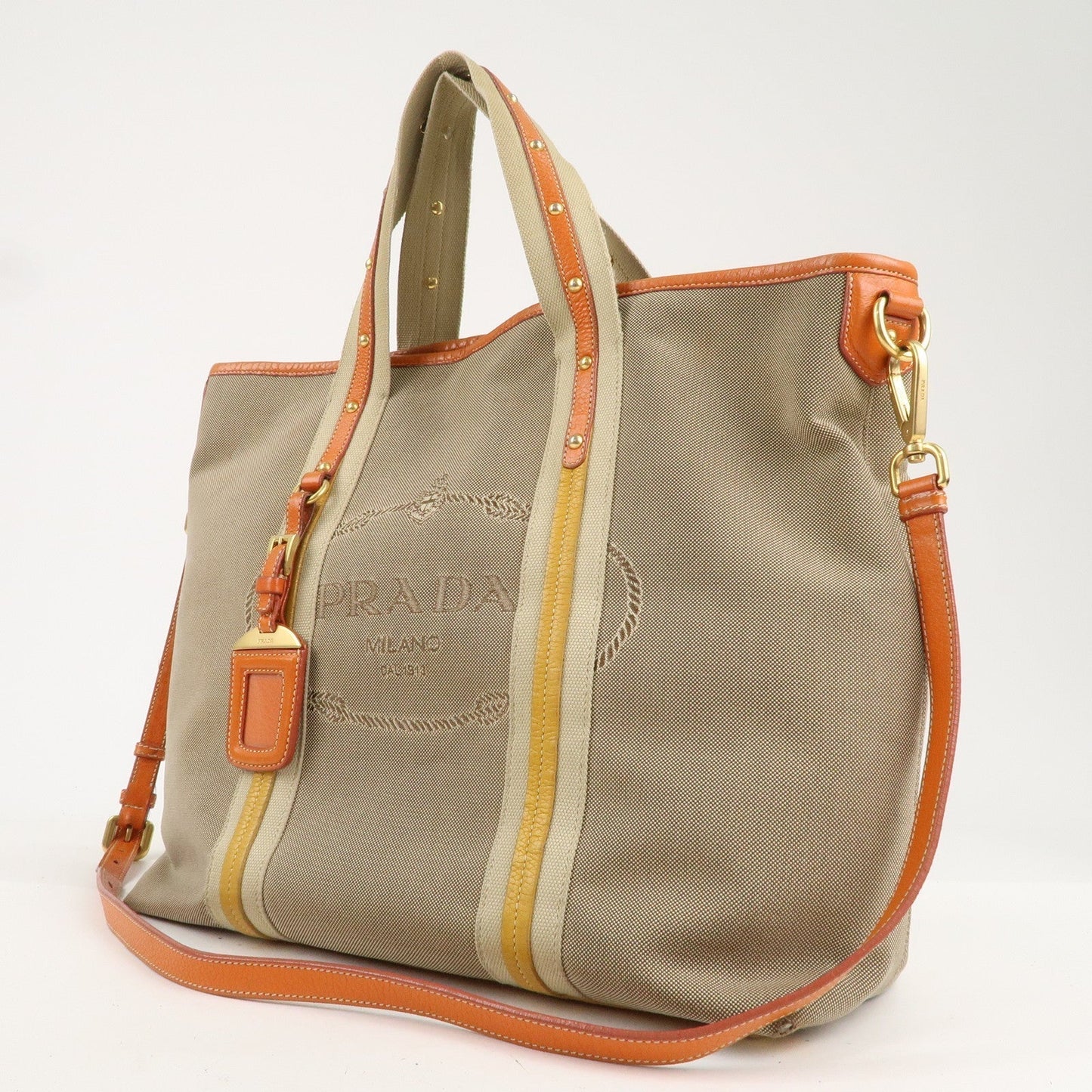 Prada Logo Jacquard Leather 2Way Hand Bag Beige Orange BN1453