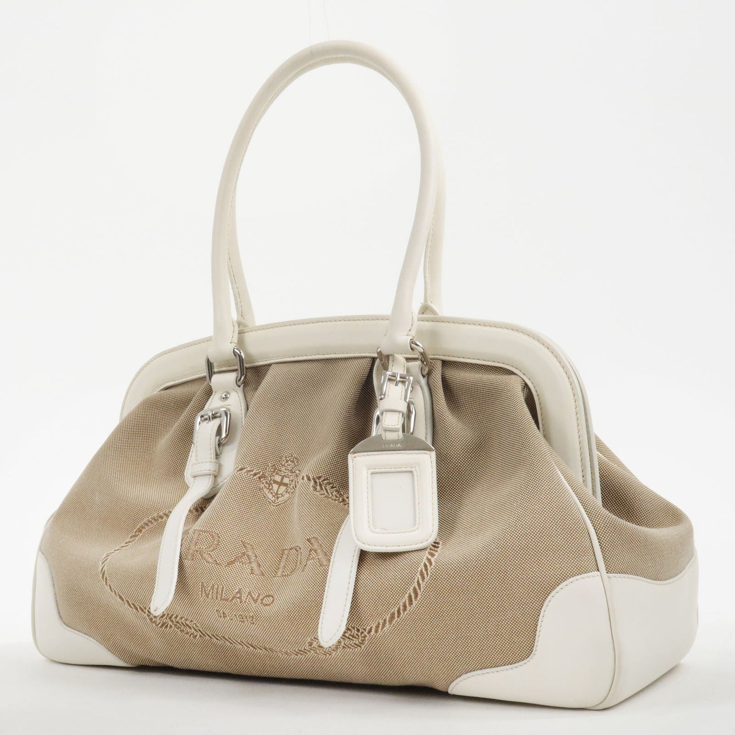 Prada Logo Jacquard Leather Shoulder Bag Hand Bag Beige Ivory