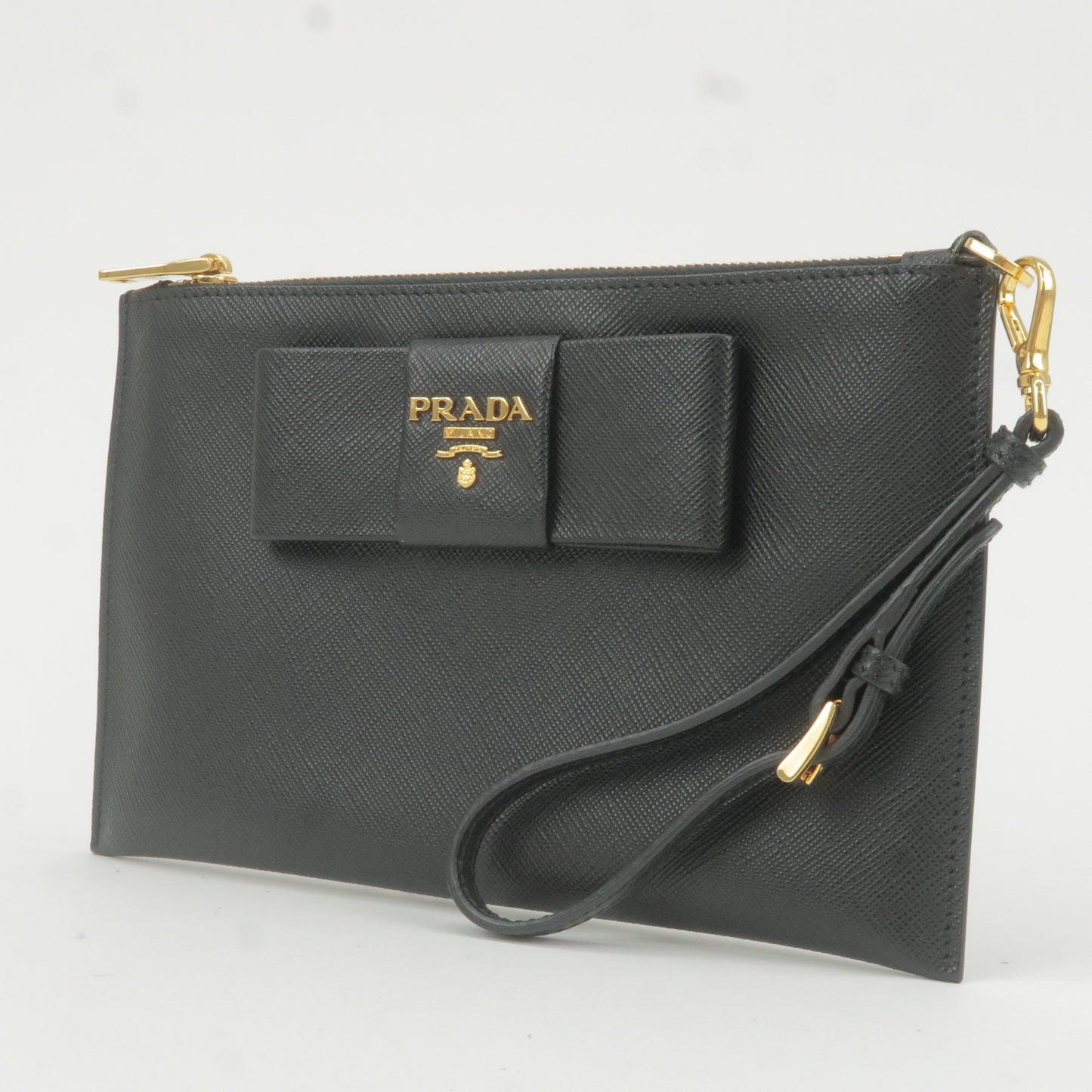 Prada Logo Leather Ribbon Pouch Cosmetics Bag NERO Black