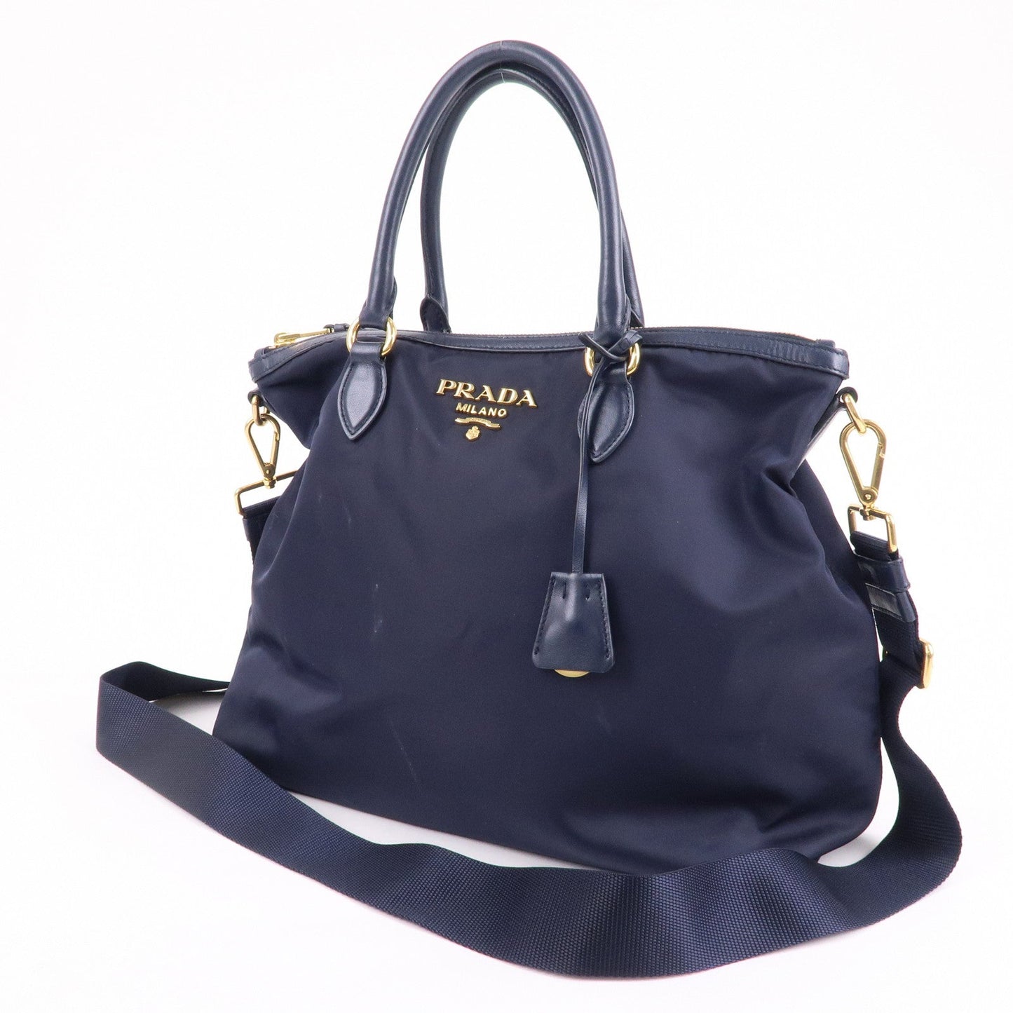 Prada Nylon Leaether Tote Bag Shoulder Bag Navy 1BC060