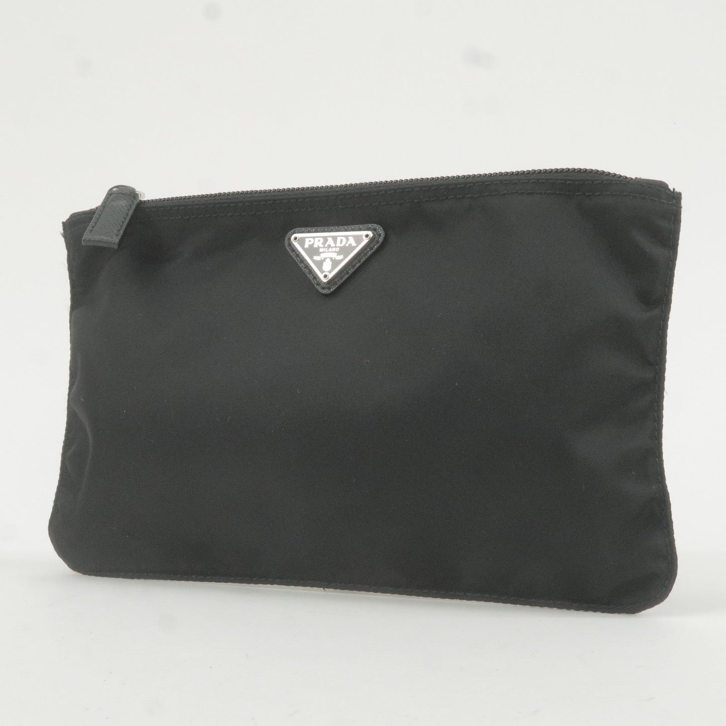 Prada Logo Nylon Leather Pouch Clutch Cosmetic Bag NERO Black