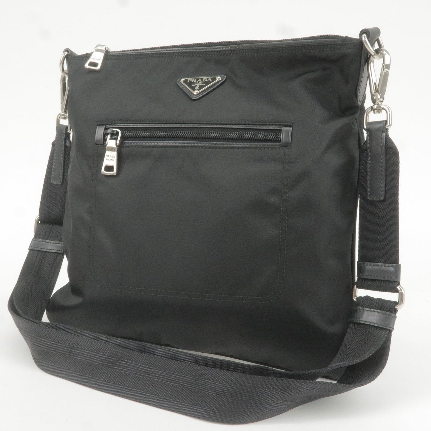 Prada Logo Nylon Leather Shoulder Bag Black Detachable Strap