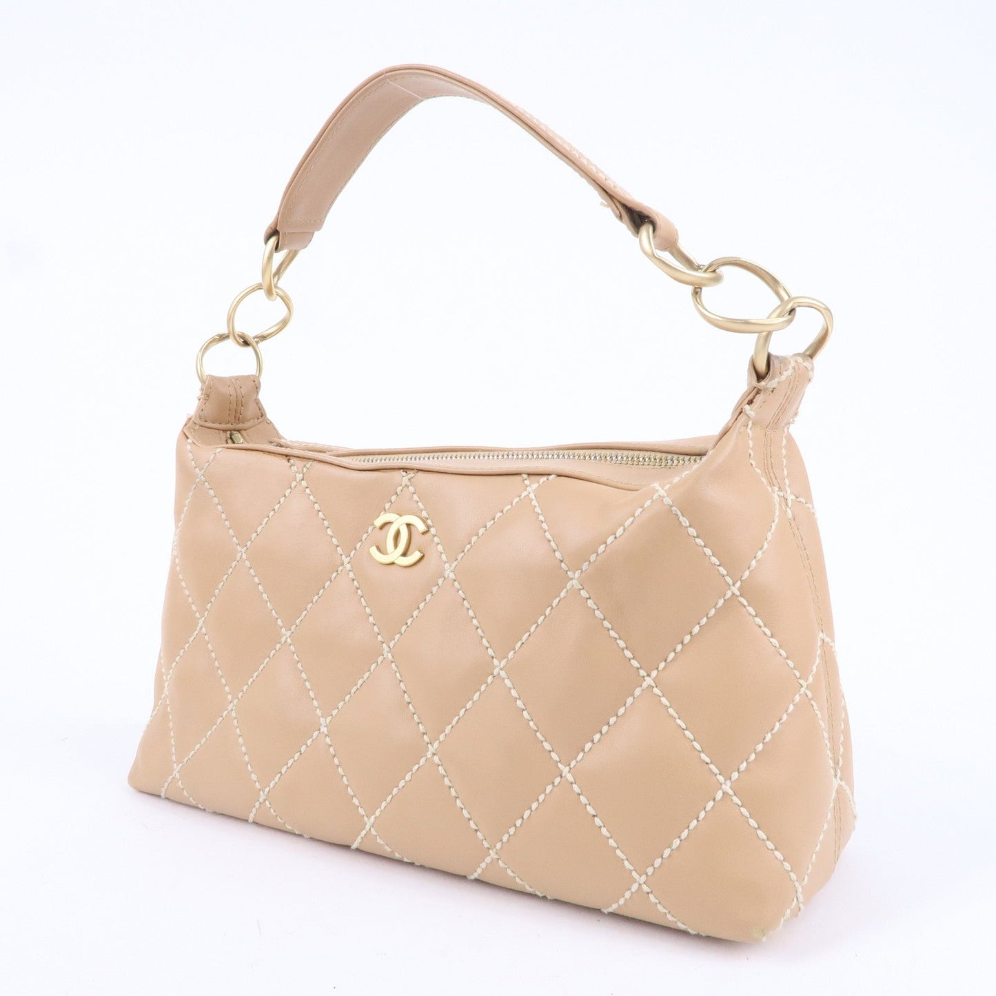 CHANEL Wild Stich Lambskin Shoulder Bag Hand Bag Beige A20663