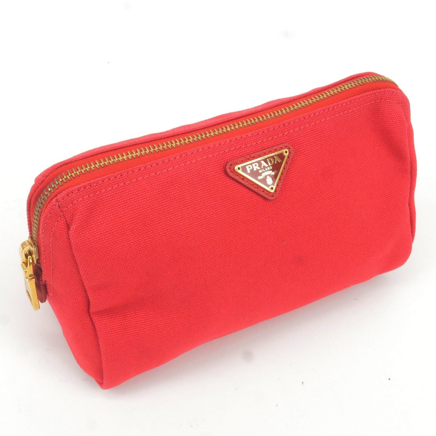 Prada Logo Canvas Pouch Clutch Bag Red Gold Hardware 1N0693