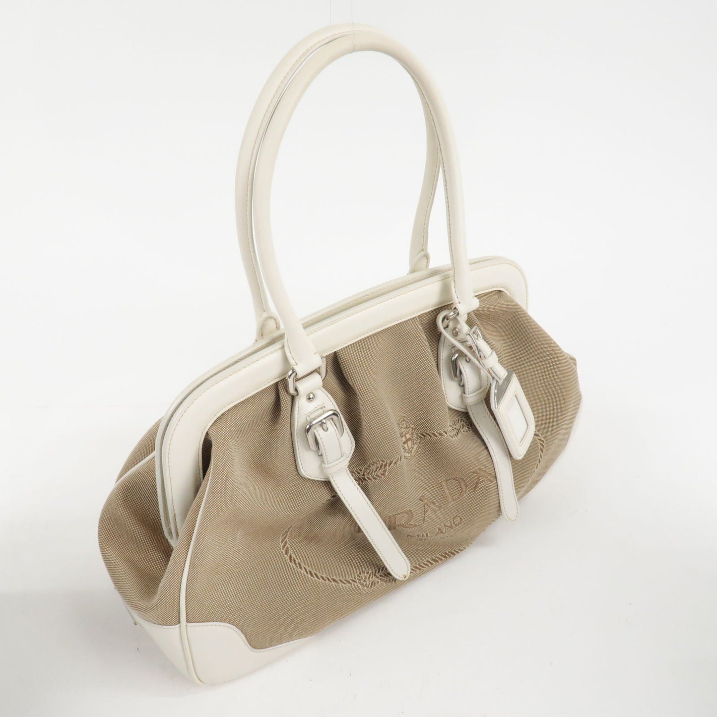 Prada Logo Jacquard Leather Shoulder Bag Hand Bag Beige Ivory